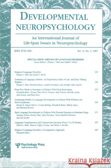 Origins of Language Disorders: A Special Issue of Developmental Neuropsychology Thal, Donna J. 9780805898538 Taylor & Francis - książka