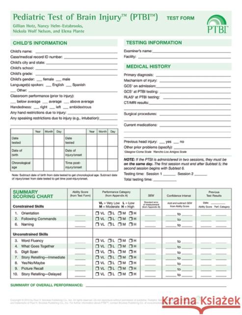 Pediatric Test of Brain Injury(tm) (Ptbi(tm) ) Test Form Hotz, Gillian 9781598571097 Brookes Publishing Co - książka