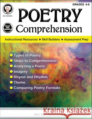 Poetry Comprehension, Grades 6 - 8 Schyrlet Cameron Suzanne Myers 9781622235940 Mark Twain Media - książka