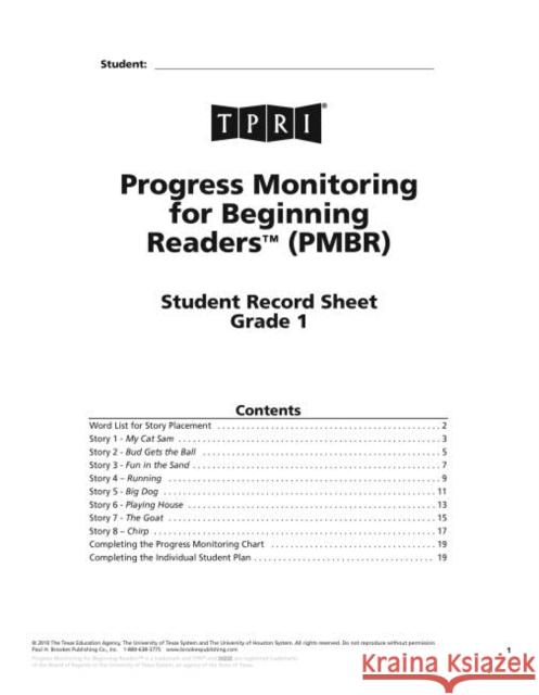 Progress Monitoring for Beginning Readerso (Pmbr) Student Record Sheets, Grade 1  9781598571370 Brookes Publishing Co - książka