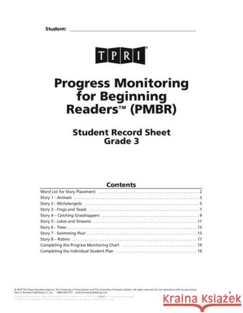Progress Monitoring for Beginning Readerso (Pmbr) Student Record Sheets, Grade 3  9781598571394 Brookes Publishing Co - książka
