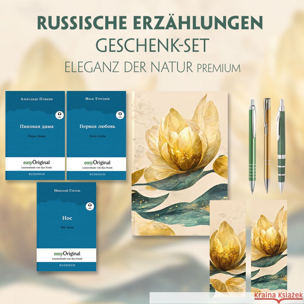Russische Erzählungen Geschenkset - 3 Bücher (mit Audio-Online) + Eleganz der Natur Schreibset Premium, m. 3 Beilage, m. 3 Buch Gogol, Nikolai Wassiljewitsch, Puschkin, Alexander, Turgenew, Iwan 9783991680499 EasyOriginal - książka