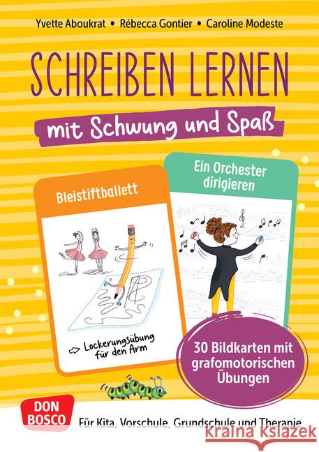 Schreiben lernen mit Schwung und Spaß. 30 Bildkarten mit grafomotorischen Übungen, m. 1 Beilage Aboukrat, Yvette, Gontier, Rébecca 4260694921081 Don Bosco Medien - książka