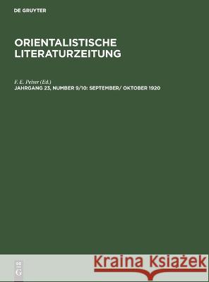 September/ Oktober 1920 F E Peiser, No Contributor 9783112615331 De Gruyter - książka