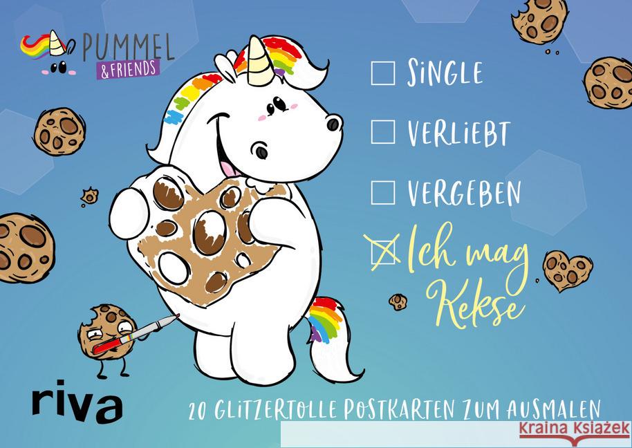 Single - Verliebt - Vergeben - Ich mag Kekse : 20 glitzertolle Postkarten zum Ausmalen Pummeleinhorn 9783742312518 riva Verlag - książka