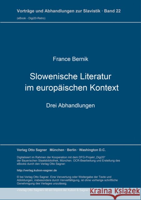 Slowenische Literatur im europaeischen Kontext: Drei Abhandlungen France Bernik 9783876905037 Peter Lang (JL) - książka