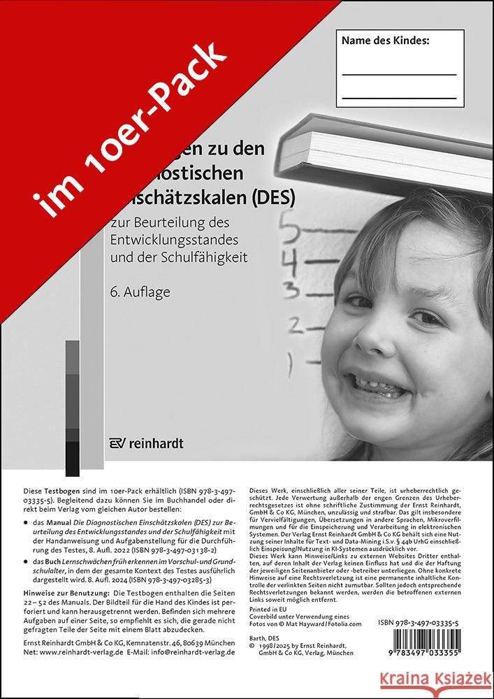 Testbogen zu den Diagnostischen Einschätzskalen (DES) zur Beurteilung des Entwicklungsstandes und der Schulfähigkeit Barth, Karlheinz 9783497033355 Reinhardt, München - książka