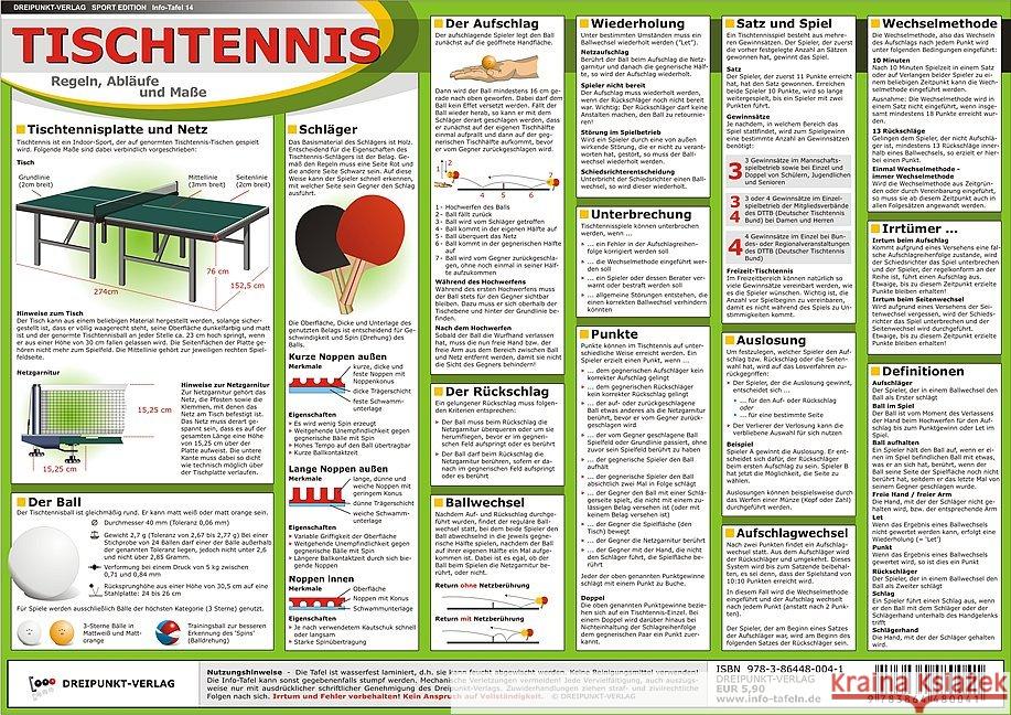 Tischtennis, Info-Tafel : Regeln, Abläufe und Maße. Wasserfest laminierte Info-Tafel mit allen wichtigen Regeln, Abläufen und Maßen zum Erlernen von Tischtennis Schulze, Michael 9783864480041 Dreipunkt Verlag - książka