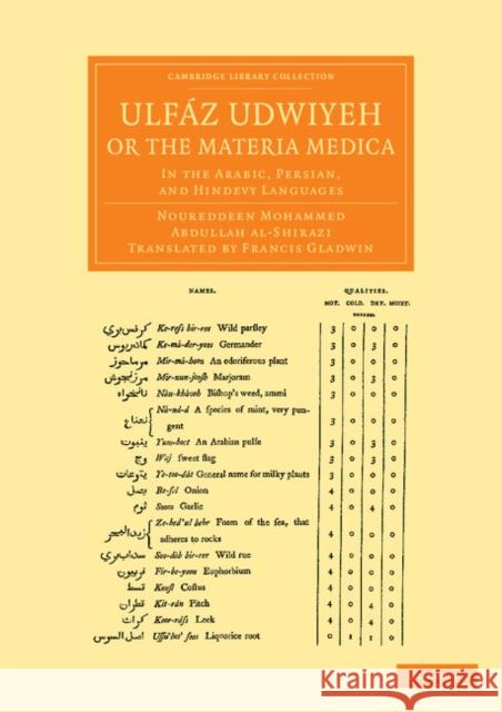 Ulfáz Udwiyeh, or the Materia Medica: In the Arabic, Persian, and Hindevy Languages Al-Shirazi, Noureddeen Mohammed Abdullah 9781108056090 Cambridge University Press - książka