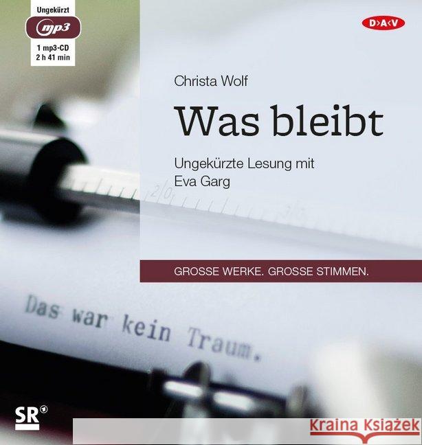 Was bleibt, 1 MP3-CD : Ungekürzte Lesung (1 mp3-CD), Lesung Wolf, Christa 9783862317325 Der Audio Verlag, DAV - książka
